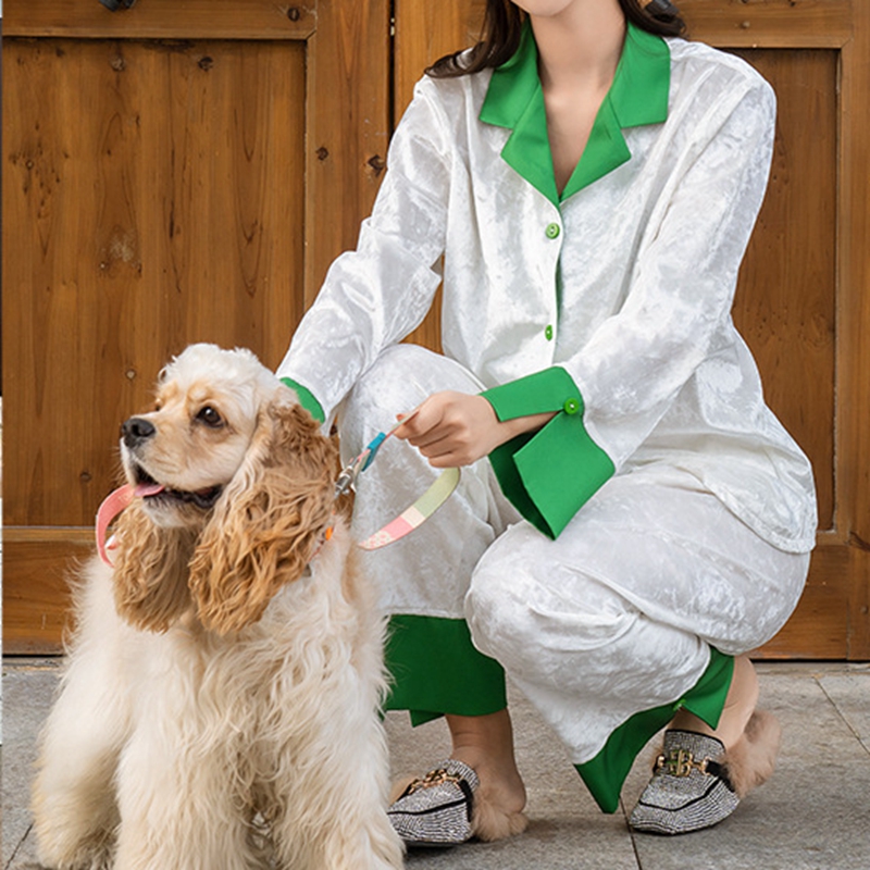 Pigiama autunno nuovo in velluto color oro e diamanti da donna a maniche lunghe nero abbinato verde Home Fury