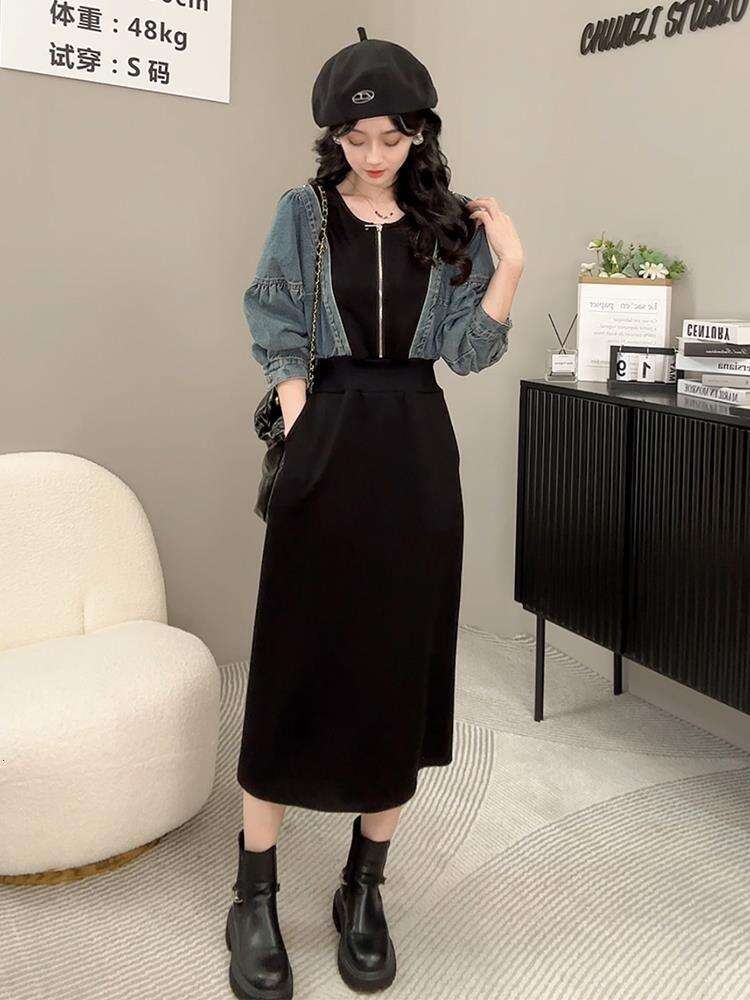 Slim Long Sleeved Dress for Women with Small Stature, Autumn 2023 New Fake Two-piece Denim Black Dress, Fashionable and Casual