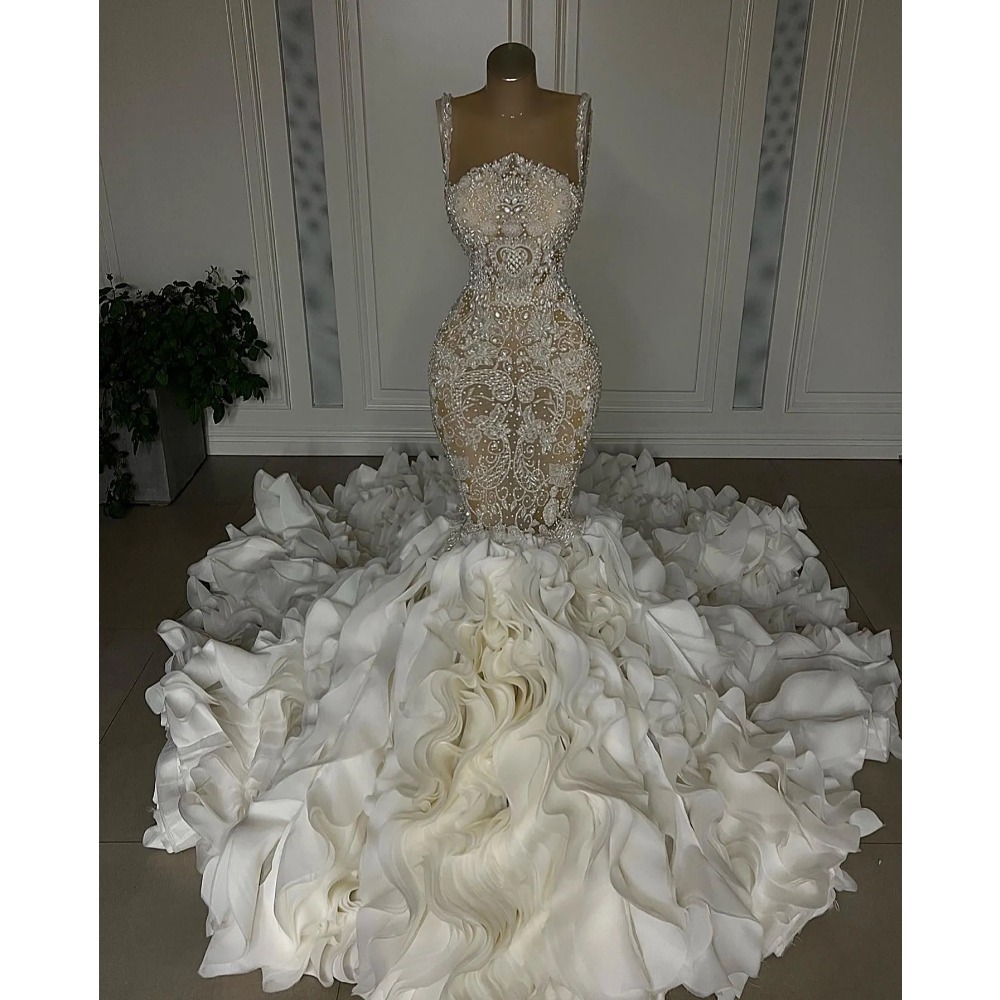 Superbe mariée 2024 robes de mariée sirène en cristal sexy chérie perles appliques dentelle robes de mariée sur mesure balayage train robe de mariée