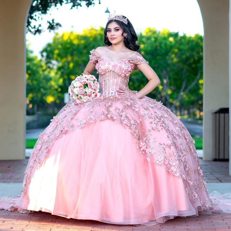 Robe De Quinceanera rose brillante, épaules dénudées, Corset formel avec des appliques en dentelle, robe De bal pour fête d'anniversaire, 15 ans