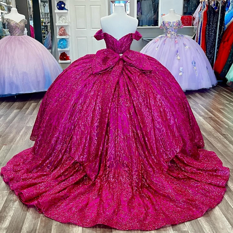 Rose Red Glitter Crystal Sequined Quinceanera Dresses Ball Clown Off the Shoulder Peading Tull Corset Vestidos 15 De XV ANOS