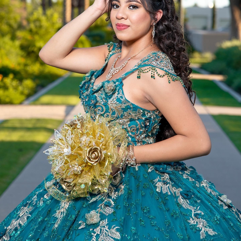 Green Glitter Quinceanera Dress Ball Funt off the ramion koronkowy aplikacja Kryształ Kryształ Tull Mexican Sweet Vestidos de 15 anos