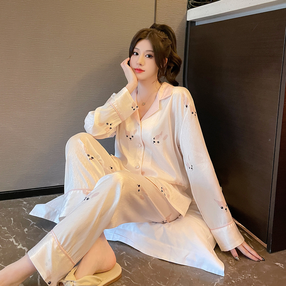 Spring New Pajamas Women's Ice Silk Long Sleeve Cream Fadou Home Fury Set Soft and Comfortable