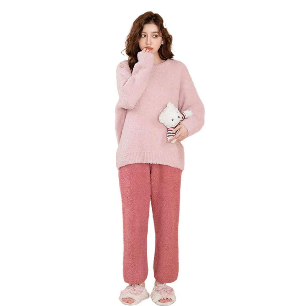 Novos pijamas de outono e inverno para mulheres com caxemira grossa e quente, roupas para casa de cor sólida, macios e confortáveis