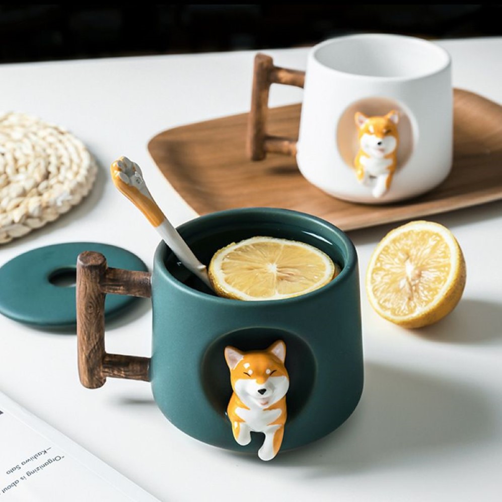 Kreative süße handgemachte Shiba Inu Tasse mit Deckel Löffel Keramik Hund Tassen personalisierte Tasse für Kaffee Tee Küche Geschirr Liebe Geschenk L257l