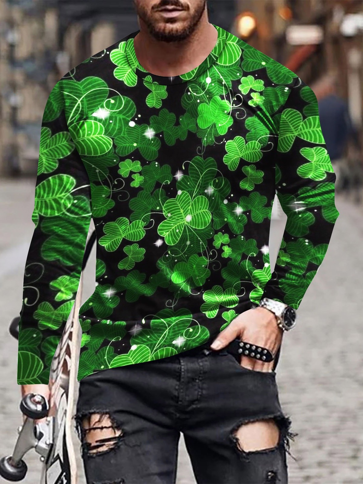 Summer new St. Patrick's Irish Day Green Element 3D digital printed men's crew-neck hoodie