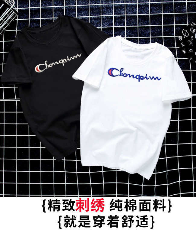 Camiseta de manga curta bordada de algodão puro Champion Dream Couple para homens e mulheres verão esportes lazer meia manga top marca de moda casual