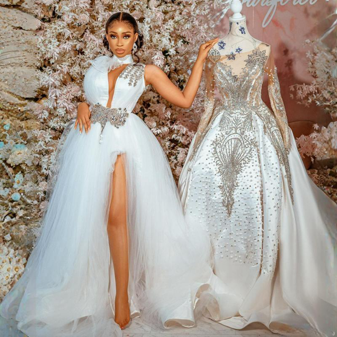 Sexy Wedding Dresses Bridal Gowns High Neck Side Split Deep V Neck Illusion Bridal Dresses for Bride Plus Size Rehinstones Tiered Tulle Marriage for Black Women NW114