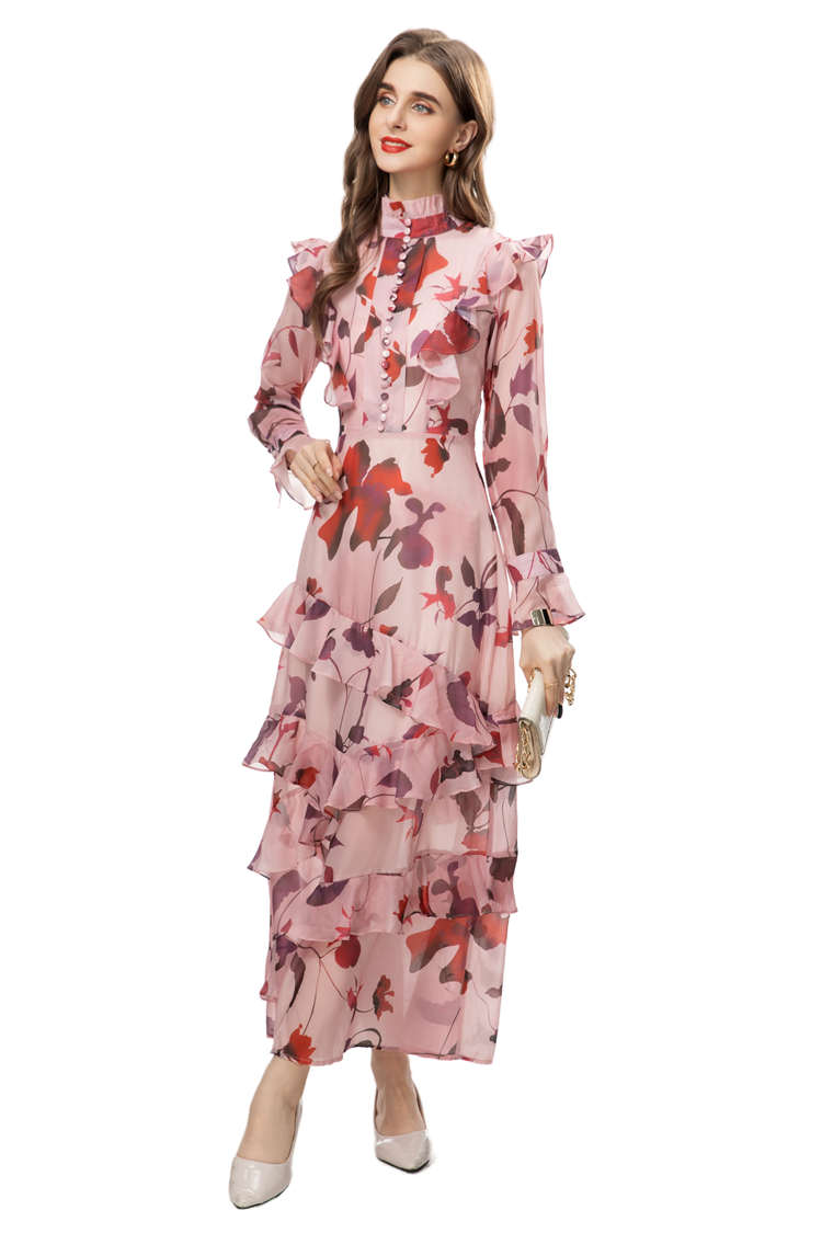 Women's Runway Dresses Stand Collar Ruffled Long Sleeves Printed Casual Holiday Vestidos