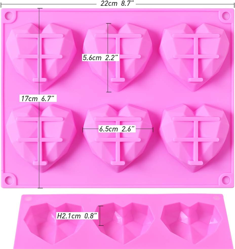 6 Cavity 3D Diamond Heart Shape Mould 100% Food-Grade Silicone Dessert Mold Non-Stick Easy Release Mold Cake Candy Ice Cube Soap Tray