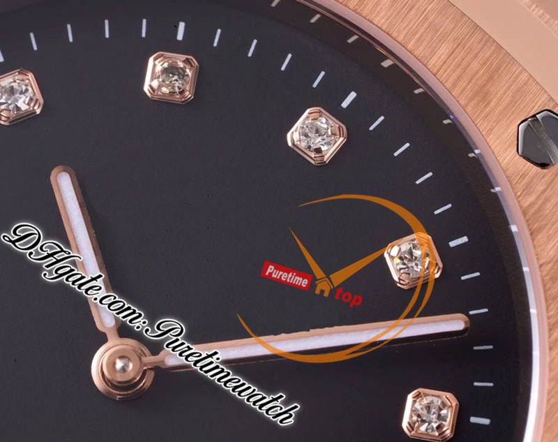 BF 1520 Jumbo Extra-Thin 39mm 18K Rose Gold Black Onyx Tapisserie Dial Diamonds A2121 Automatisk herrklocka rostfritt stål armband superutgåva Puretimewatch