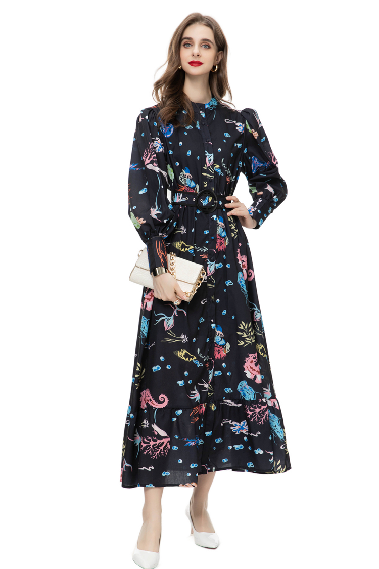 Women's Runway Dresses Stand Collar Long Lantern Sleeves Printed Single Breasted Casual Holiday Vestidos with Belt