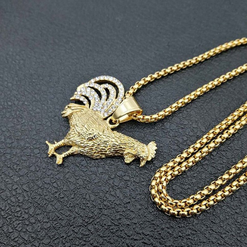 Hip Hop Strasssteine gepflastert Goldfarbe Edelstahl Huhn Hahn Hahn Anhänger Halskette für Männer Jewelry248i