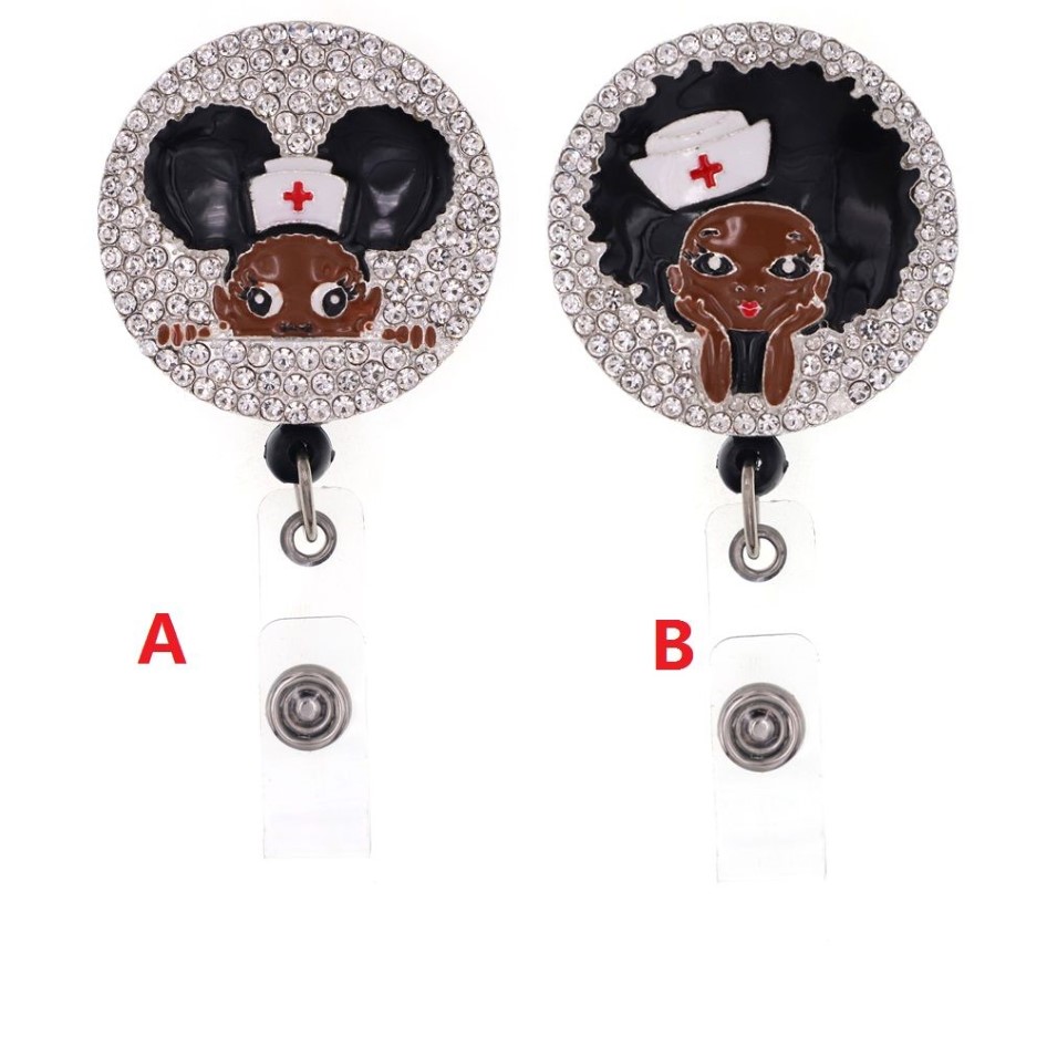 Najnowszy styl Key Pierścienie Black Girl Rhinestone Sconeble Id Holder for Pielęgniarki Akcesoria Odznaka z Aligatorem Clip236W