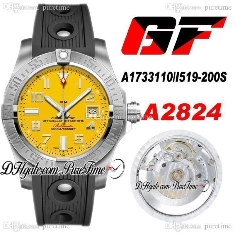 2020 GF V2 Seawolf A1733110 I519-200S ETA A2824 Automatisch herenhorloge gele wijzerplaatnummermarkeringen zwarte rubberen editie PTBL Pur268e