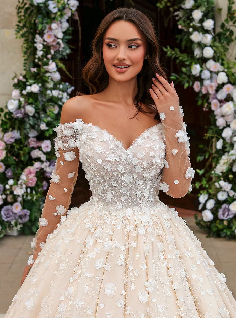 Romantische Trouwjurken 3D-Bloemen Applicaties Bruids Baljurken Uit De Schouder Lange Mouwen Custom Made Vestido De Novia