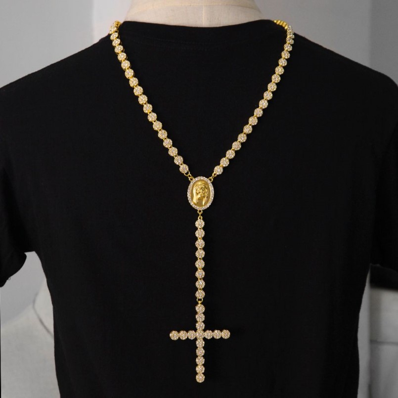 2017 Nowy moda Hip Hop Gold Pełna CZ lodowa mrożona Jezus Face Cross Piece 79 cm Naszyjnik różańca dla mężczyzn i kobiet biżuteria 2009