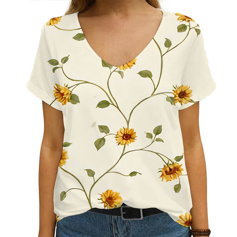 여름 해바라기 꽃 잎 3D 프린트 티셔츠 여자 스트레인 etwe