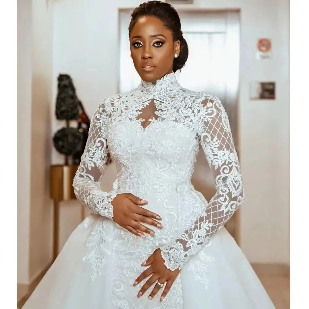 Plus Size Mermaid Wedding Dress Arabic Aso Ebi Sheer Neck High Bride Dress Long Sleeves Gowns Dresses African Arabic Charming Train Formal Bridal Gowns