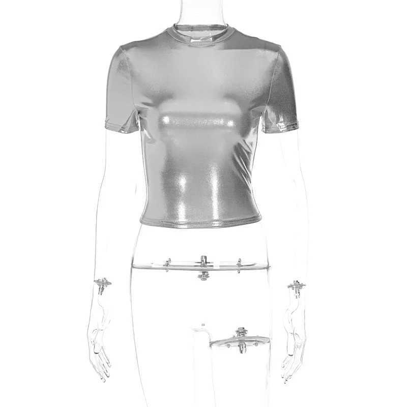 女性用TシャツハガターレザーソリッドオラブネックショートスリーブセクシーなスリムY2K Tシャツトップ2023サマーファッションティーストリートガラス