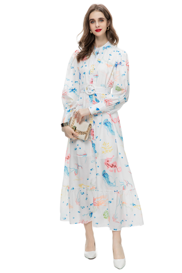 Women's Runway Dresses Stand Collar Long Lantern Sleeves Printed Single Breasted Casual Holiday Vestidos with Belt