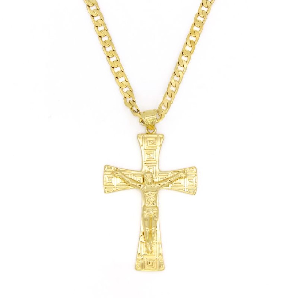 Solid 18k gul fin guld gf Jesus bred kors charm Big Pendant 55 35mm med 24 tum Miami Cuban Chain 600 5mm241g