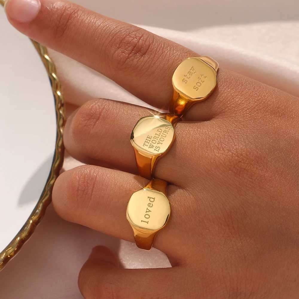 Band Rings 2023 New Sculpture Jewelry Gifts Minimalist Letter Word Suqare Stainless Steel Ring Waterproof Gold Plated Ring J240226