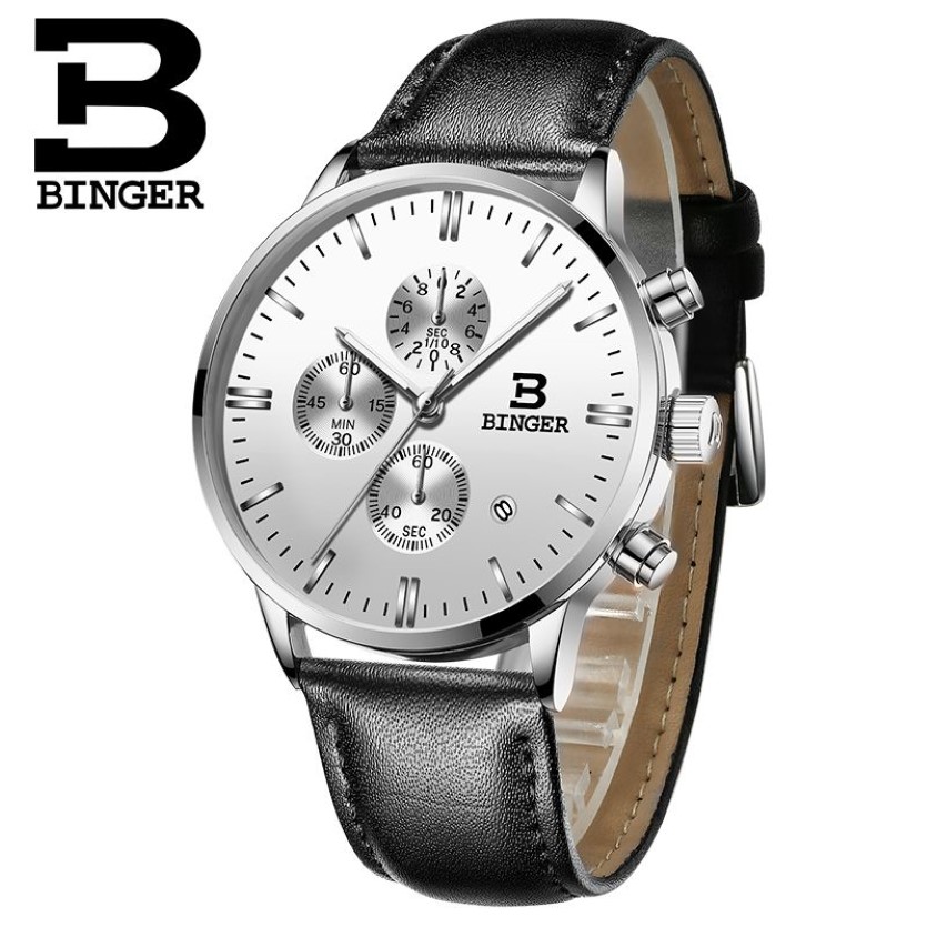 Véritable BINGER Quartz hommes montres en cuir véritable montres course hommes étudiants jeu Run chronographe montre mâle lueur mains CX200805247S