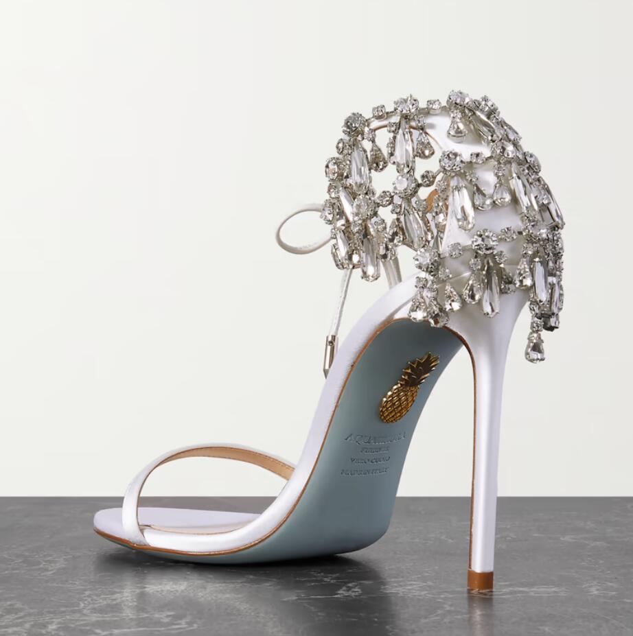 Elegant Aquazzura Party Wedding Sandals Shoes Moonwalk Crystal-embellished Satin Ankle Ties Gladiator Sandalias Lady Luxury Walking EU35-43