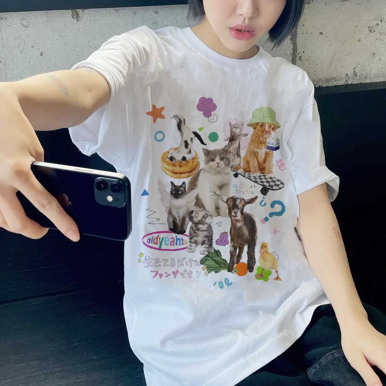 Men's T-Shirts Retro Harajuku Fashion Women Shirt Cute Milk Cat Graphic T-Shirts Oversized Tee Y2k Aesthetic Cotton Female Tees Streetwear TopsL2402