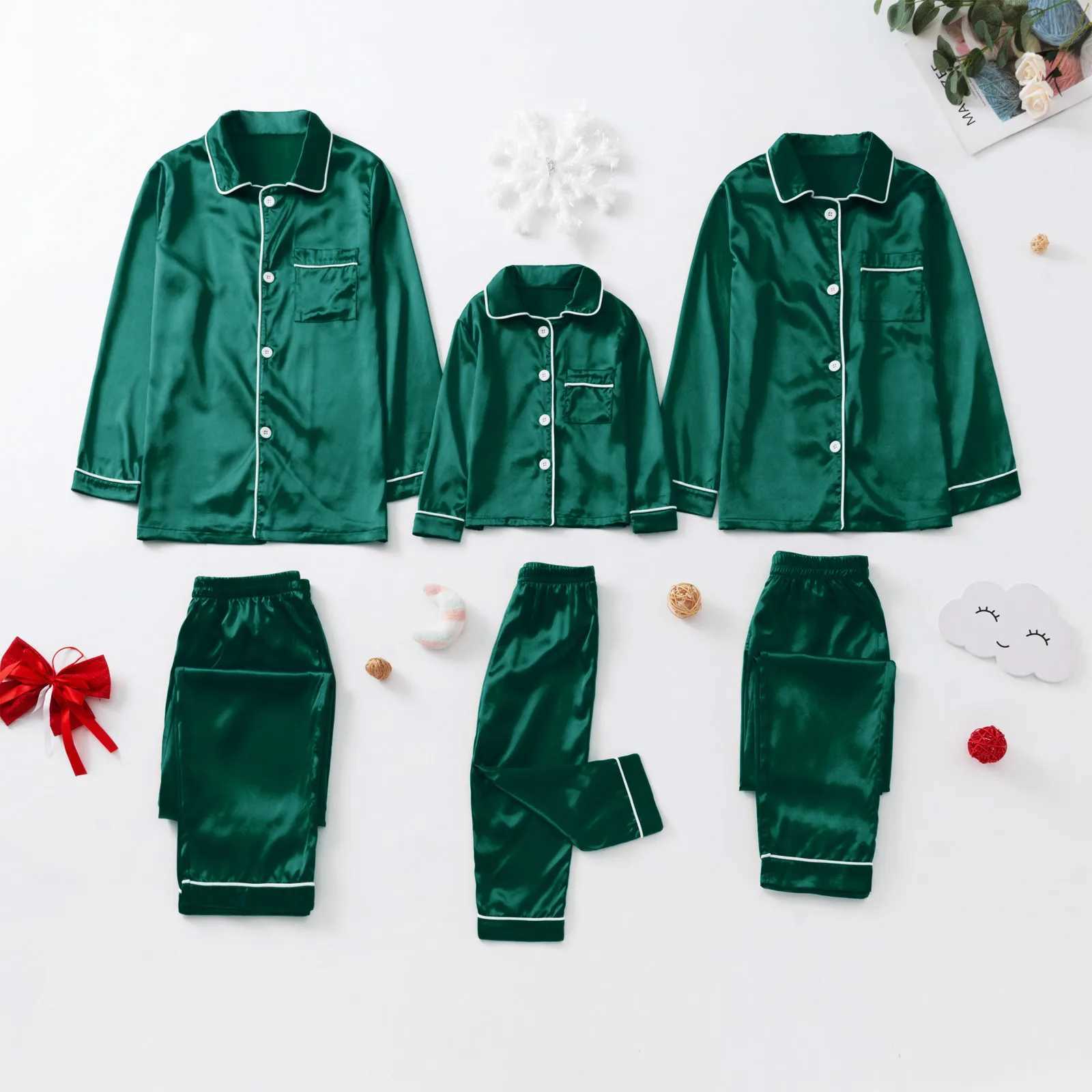 عائلة مطابقة الملابس الصلبة اللون الأخضر الأحمر عائلة مطابقة بيجاما عيد الميلاد الساتان شهرية الأطفال ملابس النوم 2 قطعة بدلة 2023 رأس السنة الجديدة بيجاما