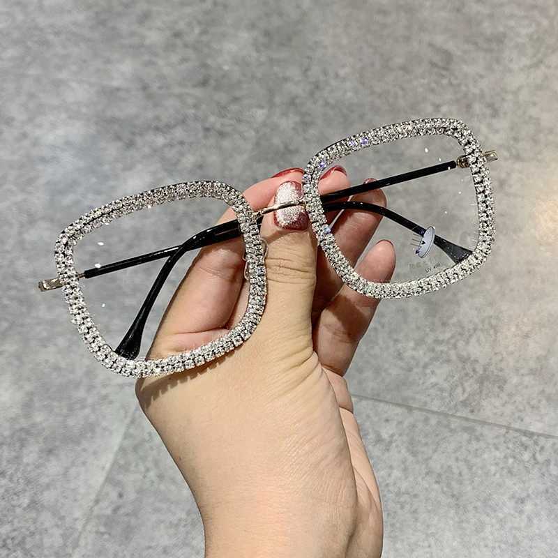 Sunglasses Prescription glasses womens transparent lenses square oversized sunglasses rhinestones blue light glasses wholesale gafas de sol J240226