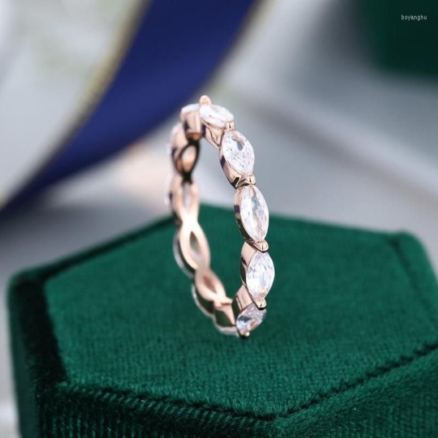 Wedding Rings Simple Trendy Rose Gold Engagement For Women White Marquise CZ Stone Full Paved Fashion Jewelry Party Gift2970