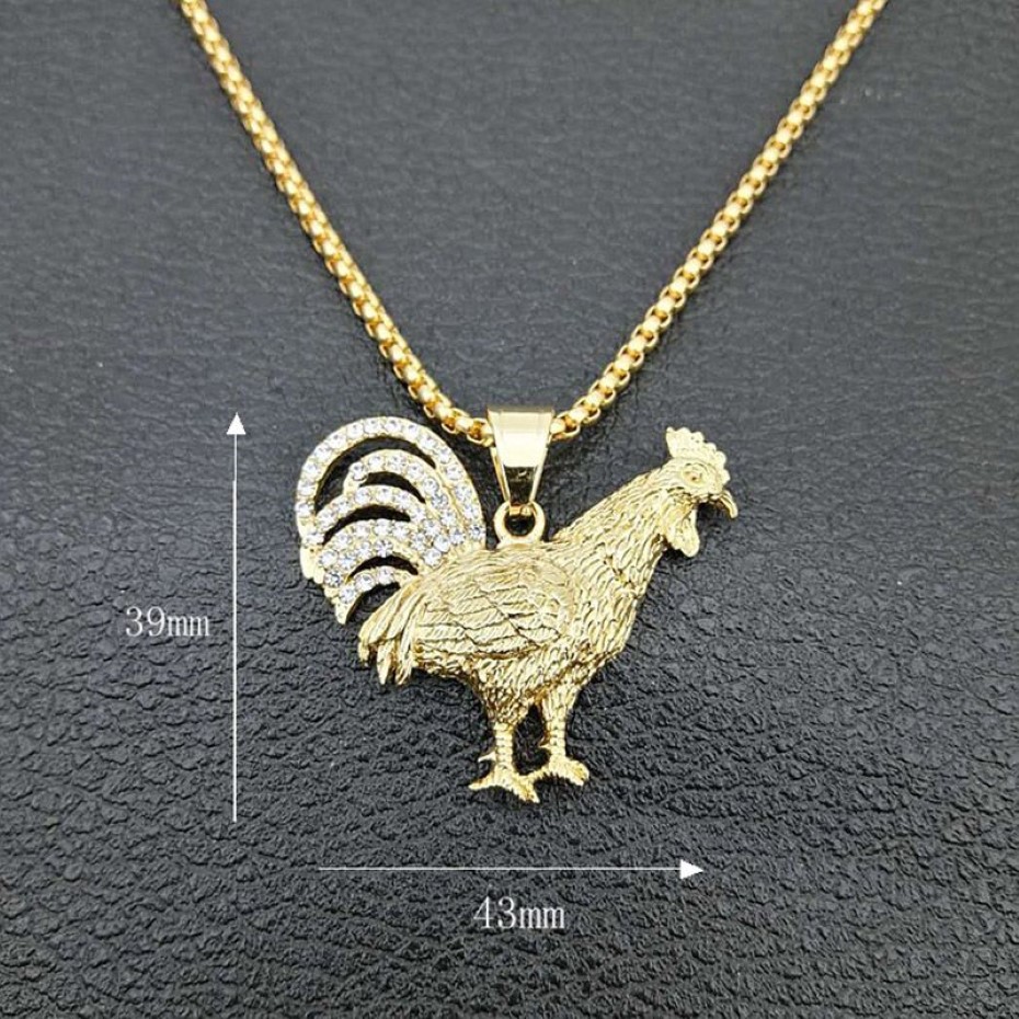 Hip Hop Strasssteine gepflastert Goldfarbe Edelstahl Huhn Hahn Hahn Anhänger Halskette für Männer Jewelry248i