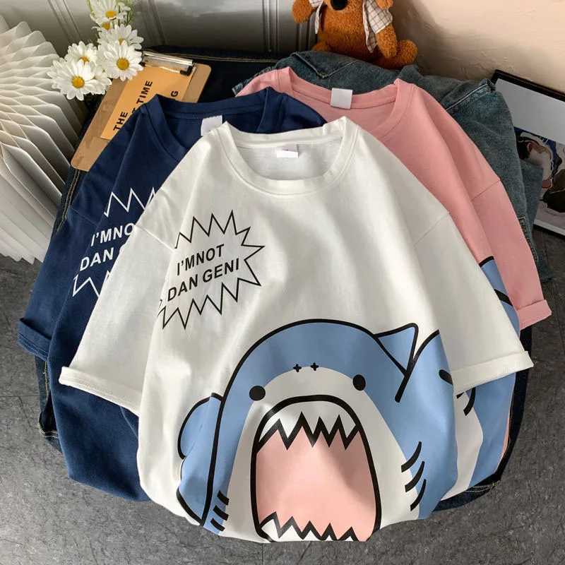 Homens camisetas Y2K Oversized T-shirt Manga Curta Kawaii T-shirts Mulheres Tubarão Solto Algodão Coreano All-Match Estudantes Simples Vintage AestheticL2402