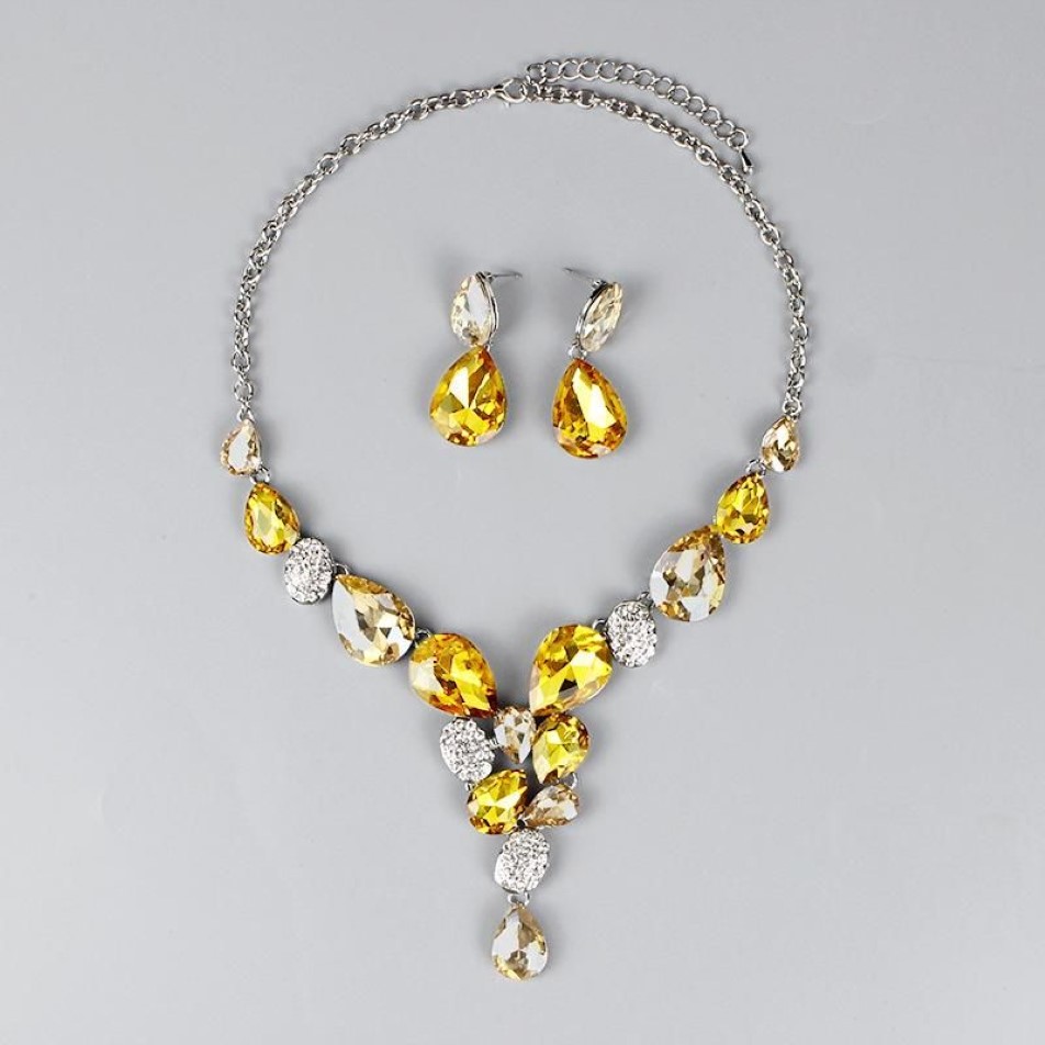 Mode Österrike kristallsmycken sätter silverpläterad kedjehalsband droppörhängen sätter smycken party kostymtillbehör kvinnor287k
