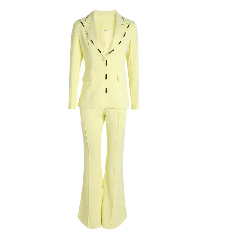 TOP QUALITY Newest 2024 Fashion Designer S/S Career Suit Set Women's Elegant Single Button Diamonds Beaded Blazer Pants Suit