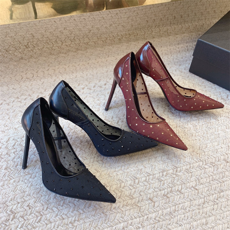 Дизайнерские женские туфли на высоком каблуке Классические туфли Сандалии Кожаная сетка с кристаллами и бриллиантами с металлической пряжкой на низком каблуке с квадратным носком и заостренными вечерними тапочками женские туфли-лодочки 35-42