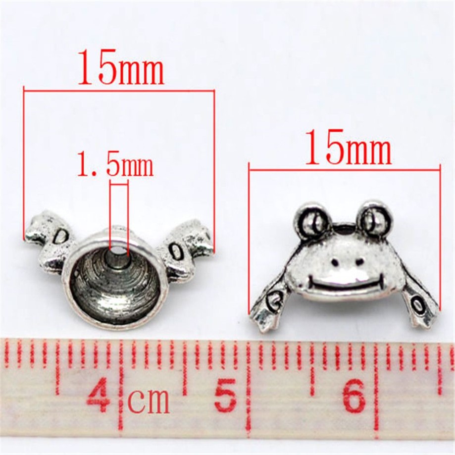 Zinklegierung, silberfarben, Frosch-Charm-Perlenkappen-Set, 15 x 9 mm, 207I