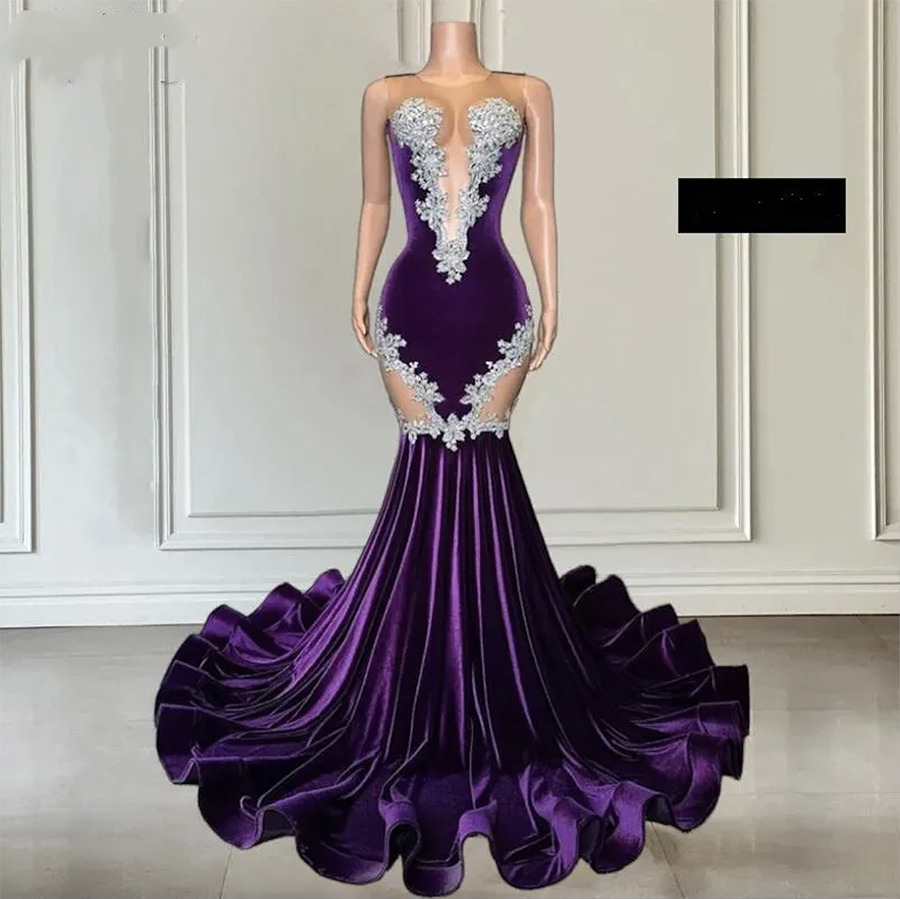 Sexy Lace Appliques Mermaid Black Girl Purple Prom Dress 2024 Velvet Beads Sheer Mesh Formal Party Evening Gowns Robe De Bal