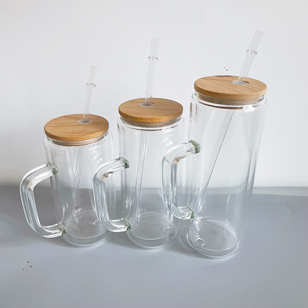 12oz 15oz 20oz glazen sneeuwbol voorgeboorde dubbelwandige beker BPA-vrije mokken passen op 5 mm glitter met handvat voor ijskoffie, frisdrank, geschikt voor vinyl