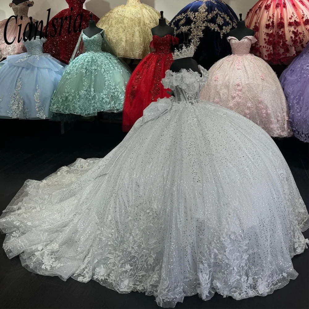 Белая иллюзия, блестящий хрустальный бант, платья Quinceanera, бальное платье с открытыми плечами, 3D цветы, аппликации, милые платья Vestidos De XV Anos