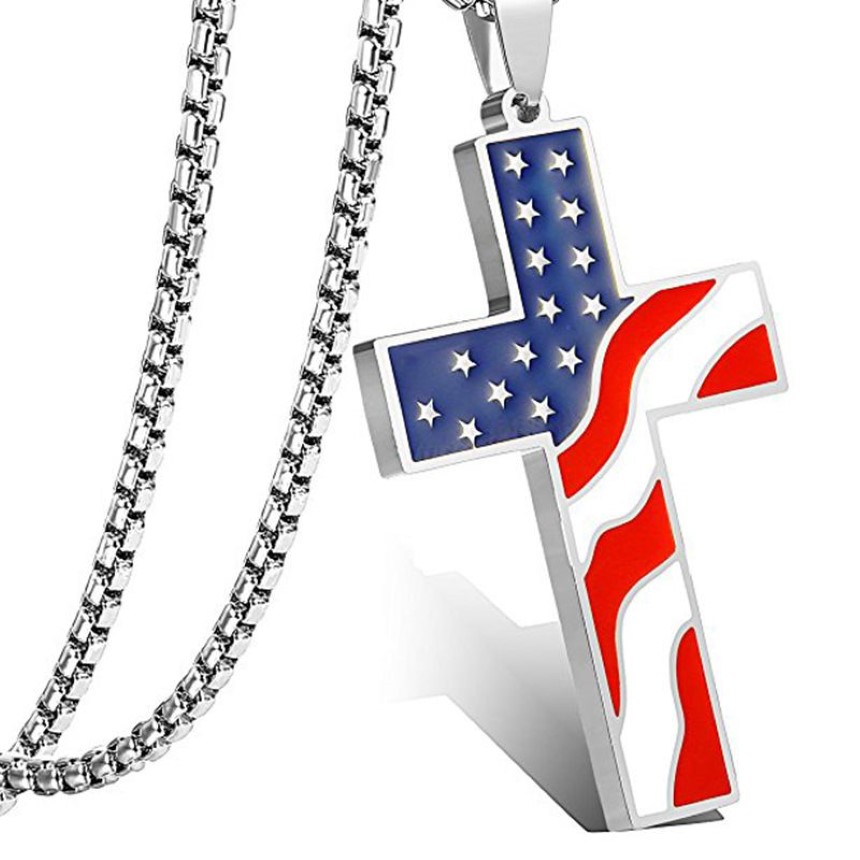 Collana con bandiera americana Collane con ciondolo croce in acciaio inossidabile Gioielli patriottici Religiosi USA Oro Argento Catena pesante261p