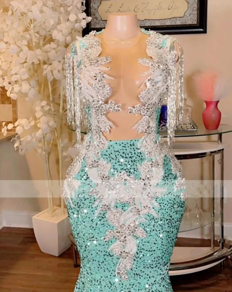 Glitter Sequins Appliques Mermaid Prom Dresses 2024 For Black Girls Sexy Sheer Mesh Top Applique Beaded Crystal Tassel Party Evening Gowns Robe De Bal 0220