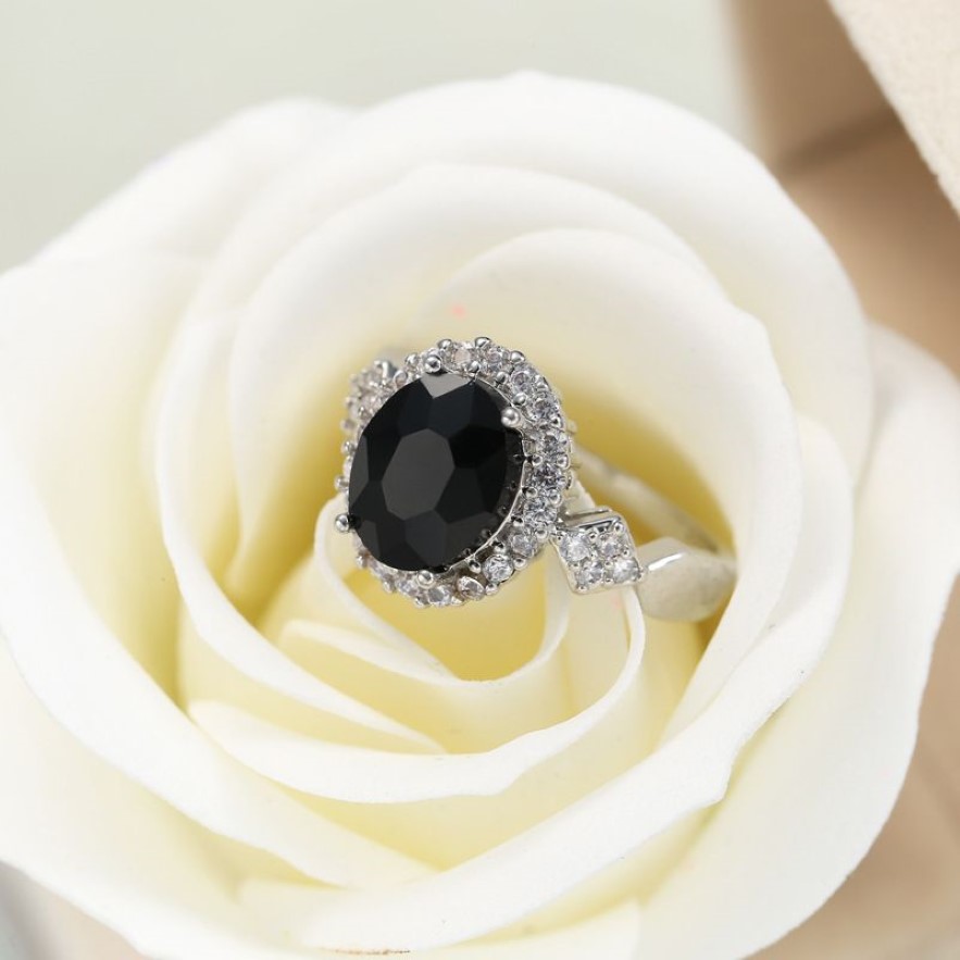 Luckyshine 1 Blumenförmige Weihnachts-Oval-natürliche schwarze Onyx-Zirkonia-Edelsteine Silberringe Hochzeitsschmuck274r