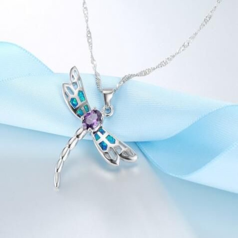 New Women Dragonfly Design Pendant Necklace 925 Sterling Silver Blue Fire Opal Necklaces Jewelry for Lady279R