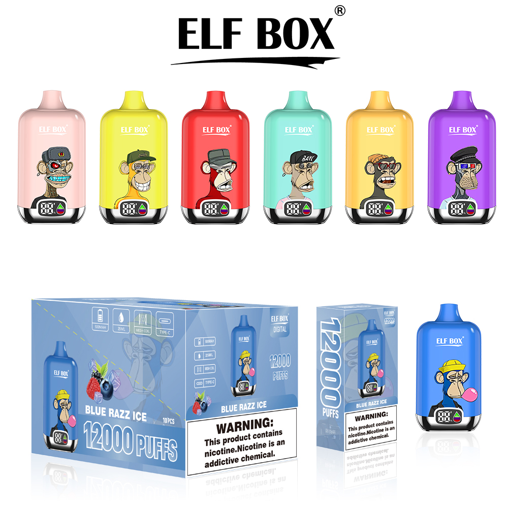 Elf Box Digital 12000 Puffs Puff 12K Einweg-Vape Mesh Coil wiederaufladbare Verdampfer 25 ml vorgefülltes E-Liquid 0 % 2 % 3 % 5 % im Vergleich zu Fumot RandM Tornado