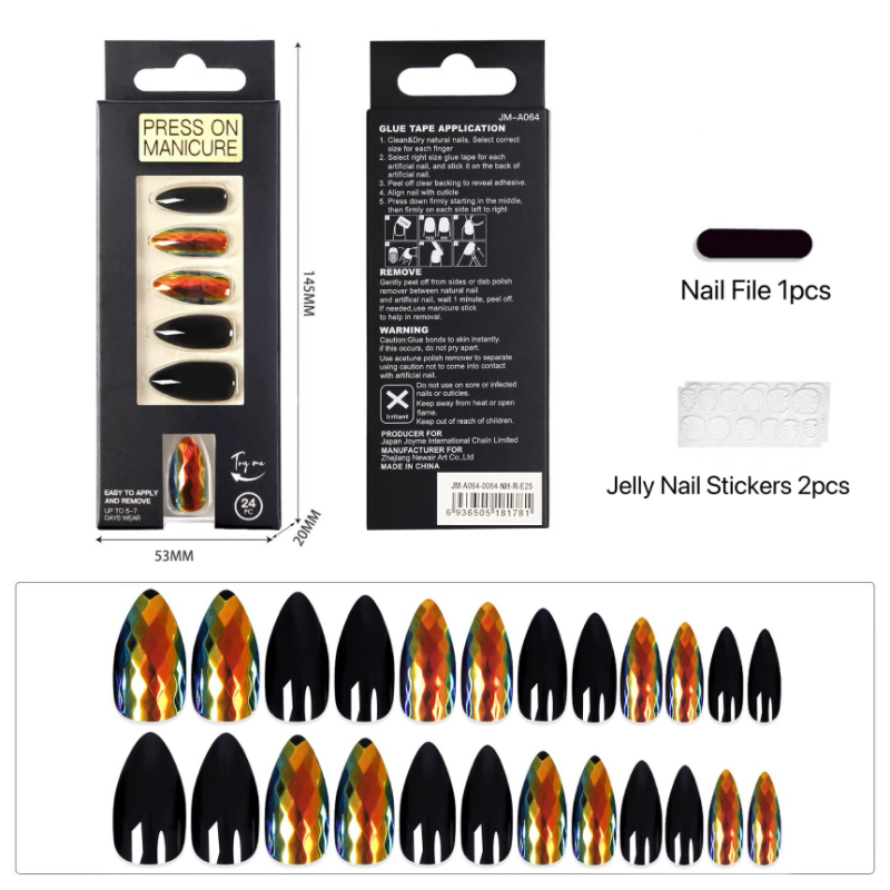 Nouvelle arrivée en gros 24 conseils faux ongles autocollants portable forme d'amande brillant faux ongles avec des autocollants de colle de gelée outils d'art des ongles