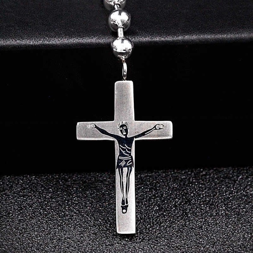 Мужские роскошные стальные католические четки с крестом, подвеска, ожерелье, кулон, центральная часть, разъемы, рождественские религиозные товары 210621211E