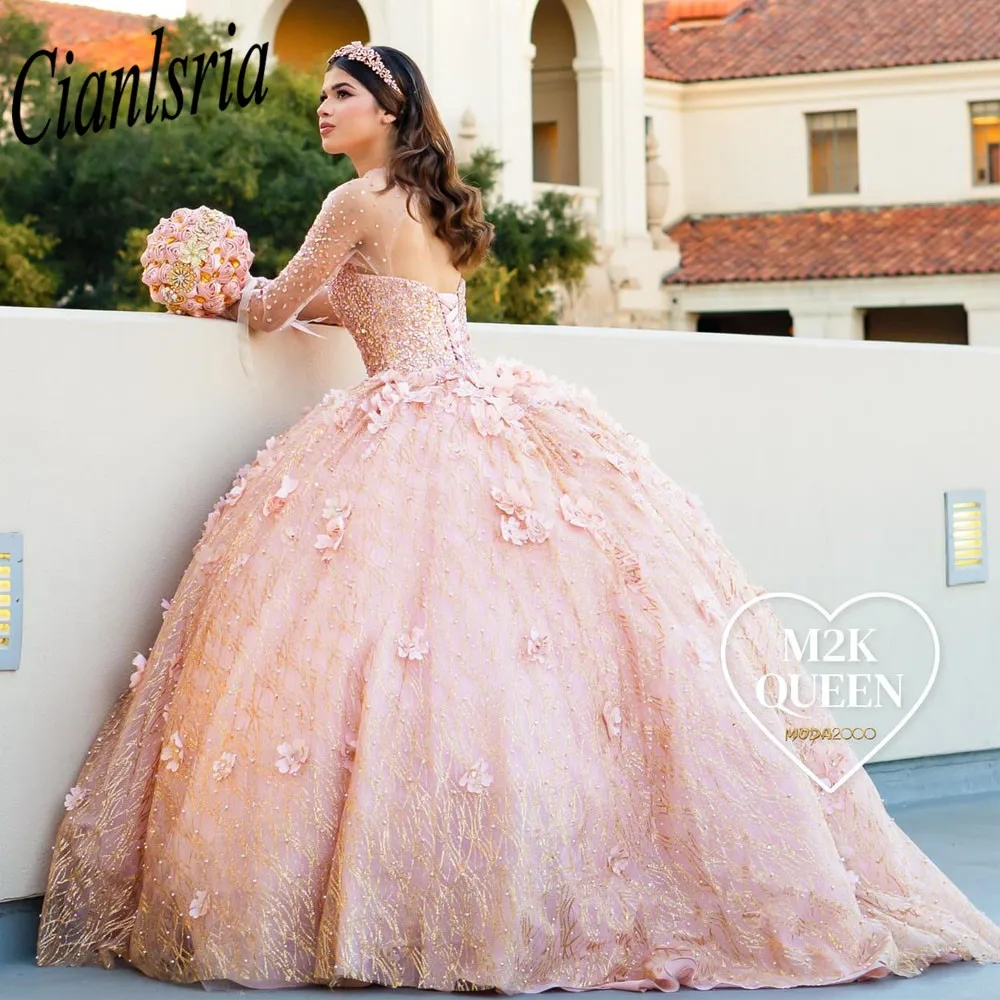 Abiti stile Quinceanera con maniche lunghe in oro rosa Illusion 3D Abiti da ballo con paillettes in cristallo glitterato Dolce 15 Abiti XV Anos